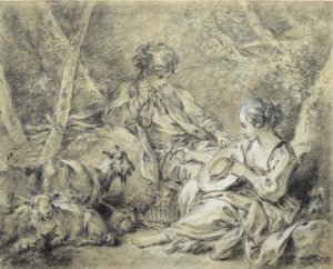 A young shepherdess presenting a flower to a shepherd