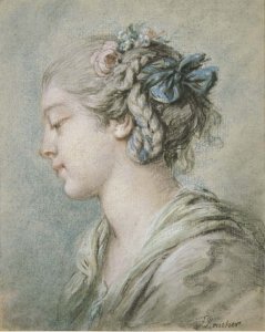 Head of a girl looking down to the left wearing a scarf