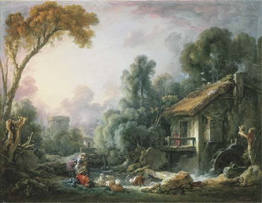 Le Moulin aA  Eau A landscape with a herdsman and his family by a mill