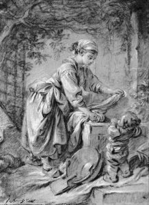 A washerwoman at a fountain with a child under a trellis